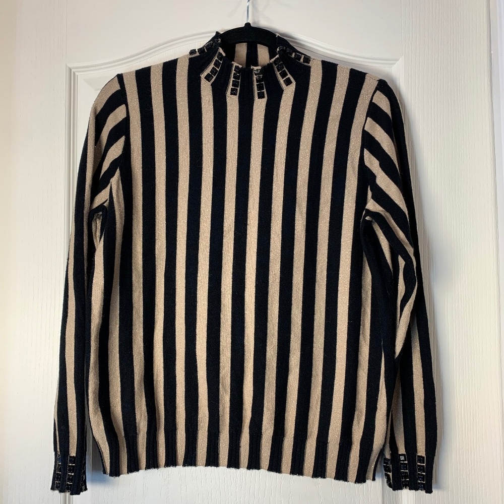 Leo & Ugo Black & Gold Striped Knit Sweater Stud Details Chic European-Style 4
